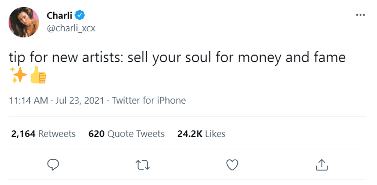 2021 08 02 12 42 42 18 Charli on Twitter tip for new artists sell your soul for money and fame Symbolic Pics of the Month 08/21