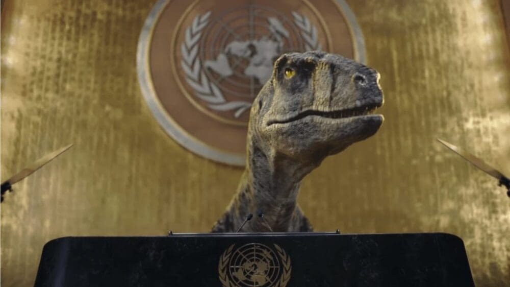 Fearmongering, Talking Dinosaur Warns of Impending Extinction and Climate Disaster