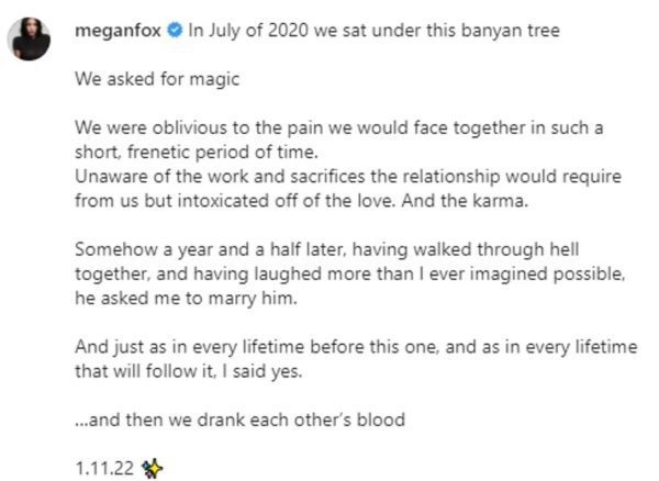 2022 04 27 14 15 12 52874363 10396467 Wedding bells Fox noted in her post s lengthy caption that she e1651168638423 Megan Fox Openly Admits That She Drinks Blood For "Ritual Purposes"